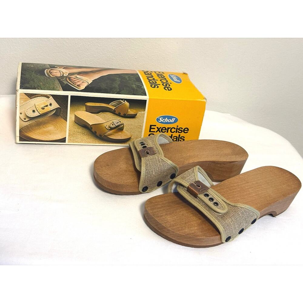 Vintage Dr. Scholl's Exercise Sandals NIB, Khaki Canvas, Wooden Sole, Size 8